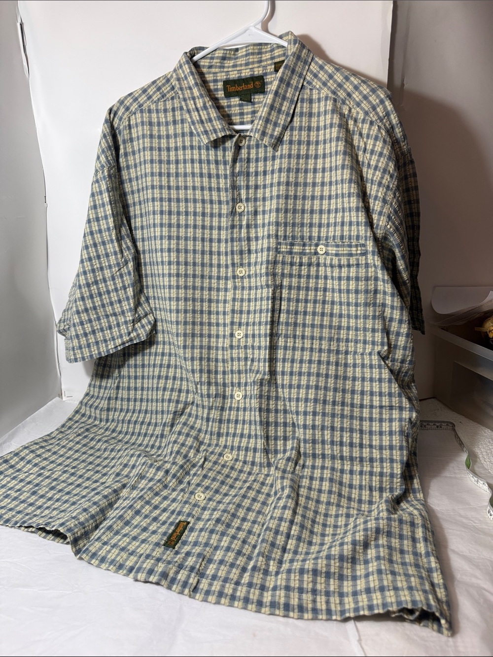 Men's Timberland Plaid Short Sleeve Shirt in Wedgwood Blue and Cream